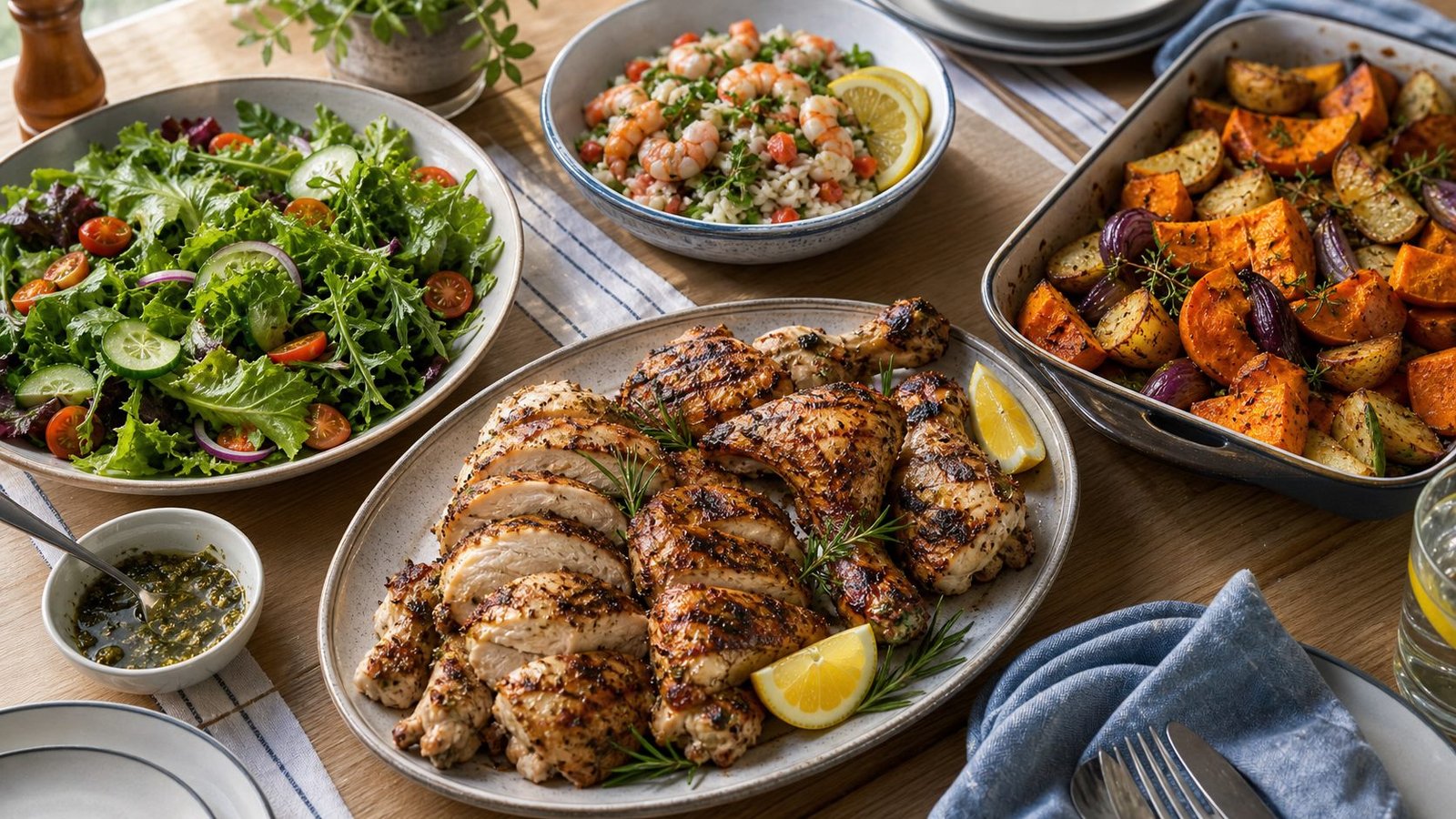 Australian home meal with grilled chicken and vegetables