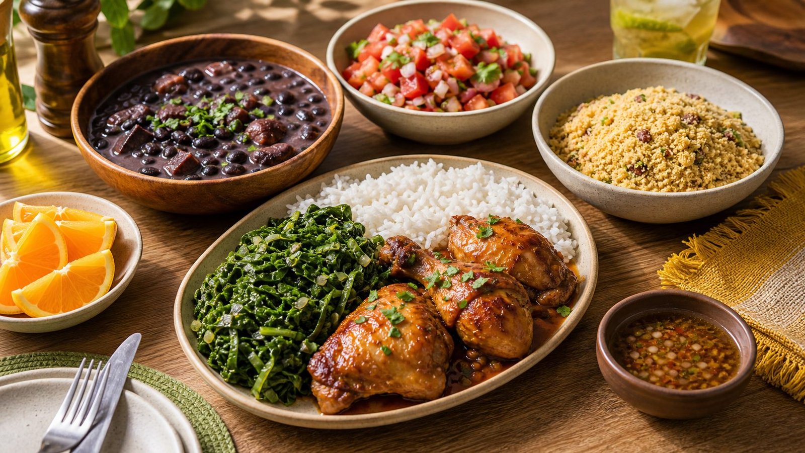 Brazilian feijoada beans farofa chicken and greens
