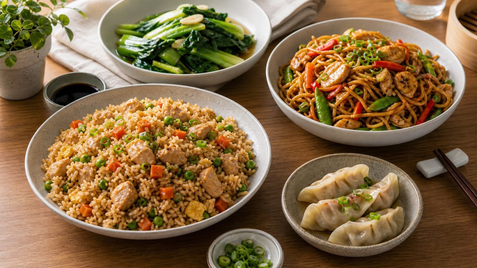 Chinese home meal with fried rice and noodles