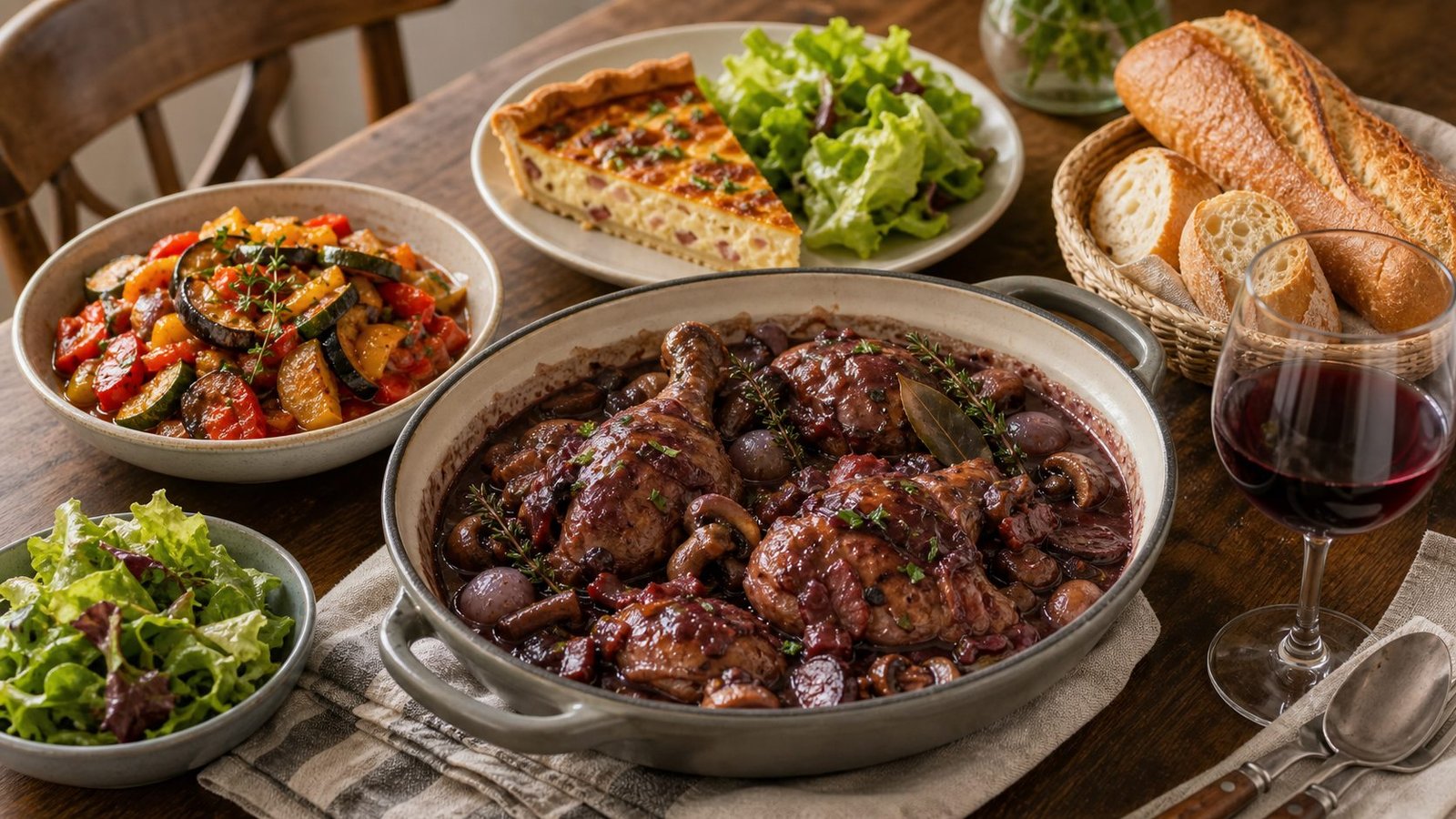 French coq au vin ratatouille quiche and baguette
