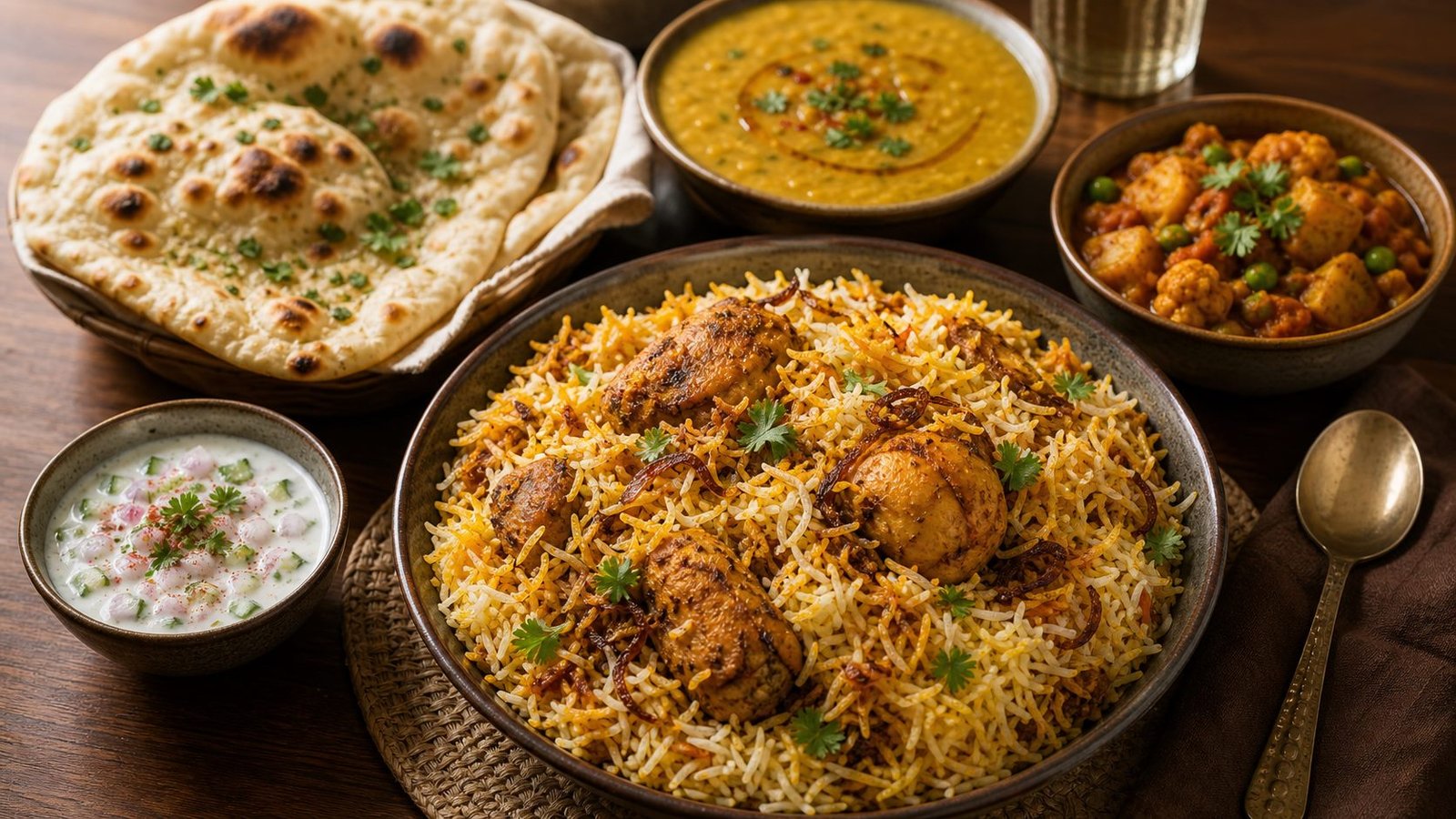 Indian biryani table with dal and curry
