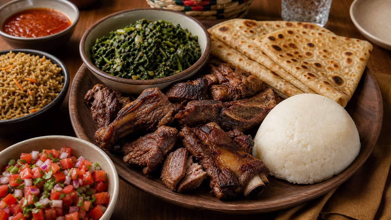 Kenyan nyama choma ugali sukuma wiki and chapati