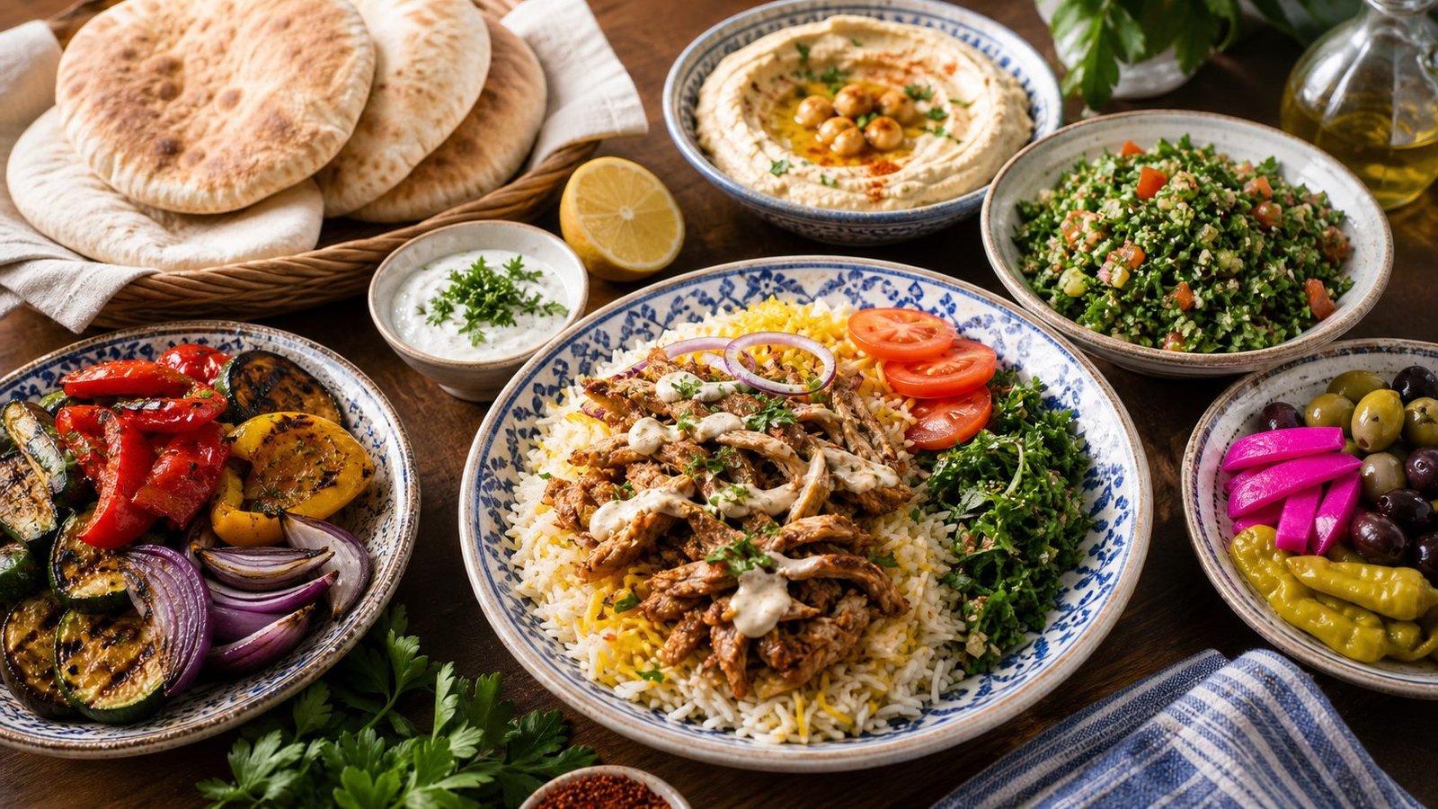 Lebanese mezze table with shawarma rice plate