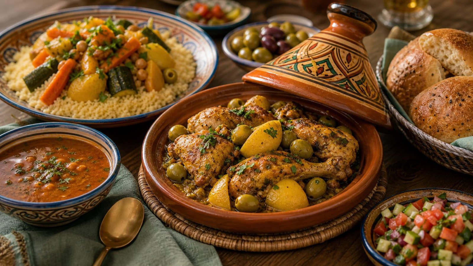 Moroccan tagine couscous harira and bread