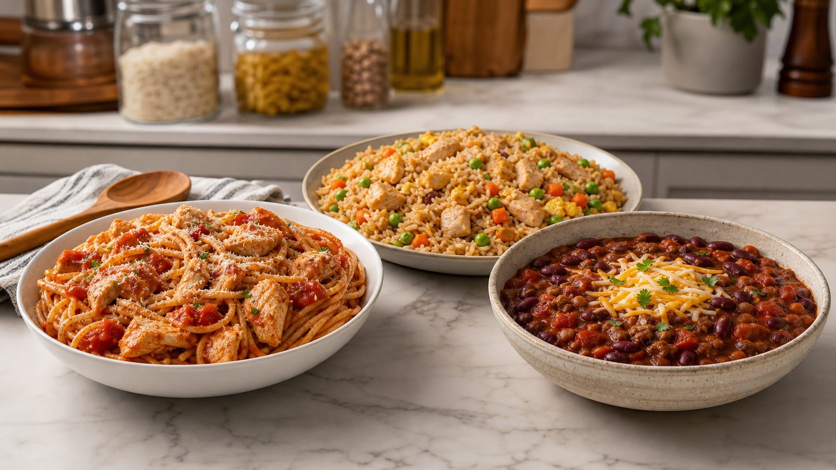 Pasta, rice, and chili meal ideas