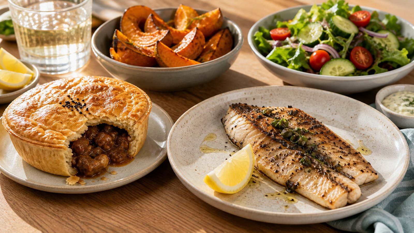 Australian meat pie with fish and roasted pumpkin