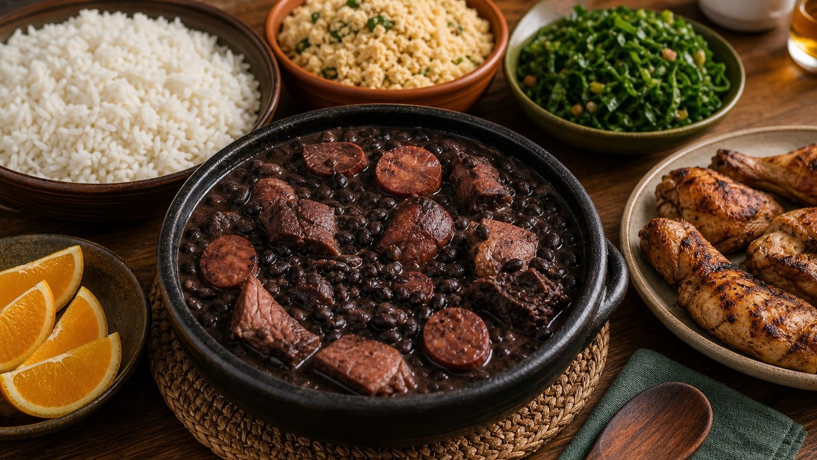 Brazilian feijoada with rice and farofa