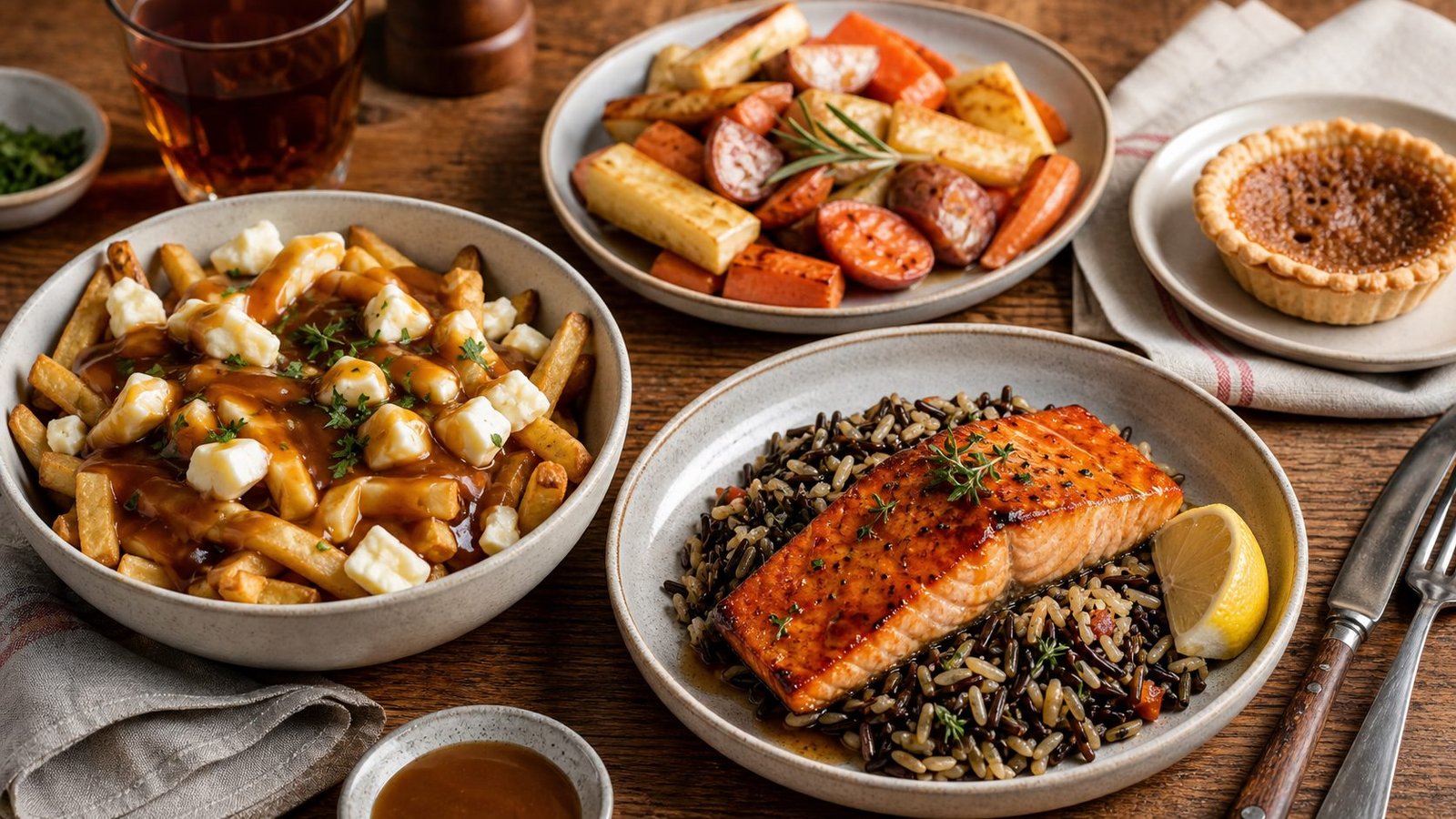 Canadian poutine with salmon and wild rice