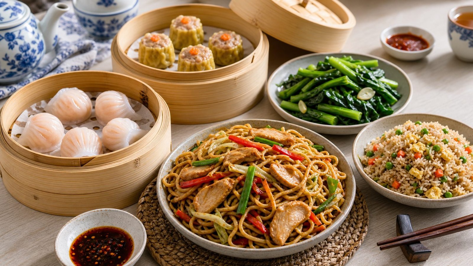 Chinese dim sum with noodles and fried rice