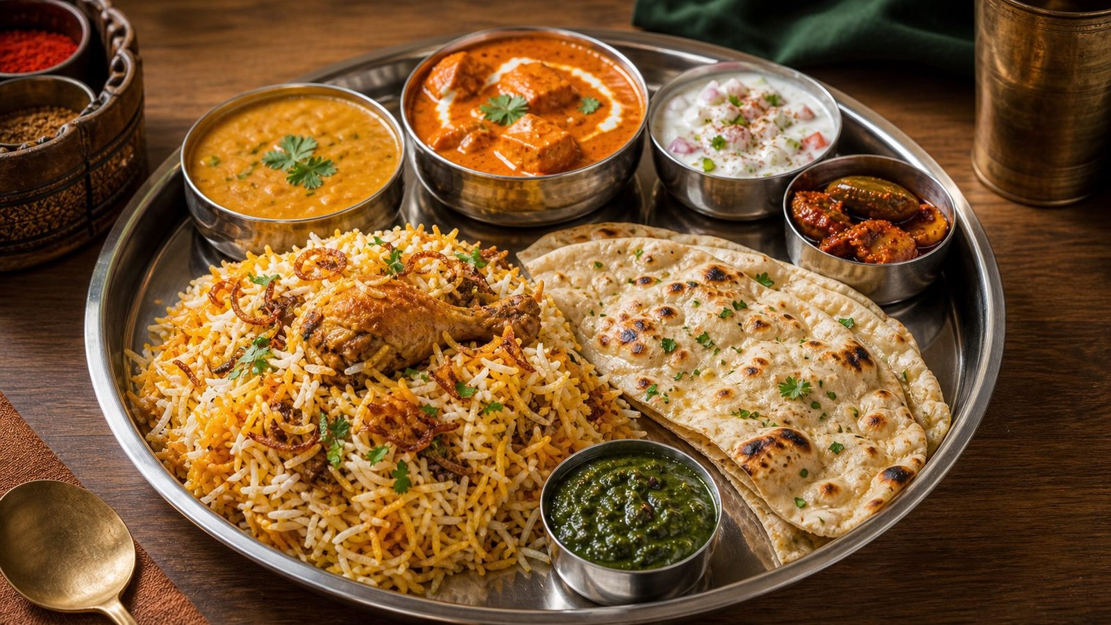 Indian thali with biryani dal curry and naan