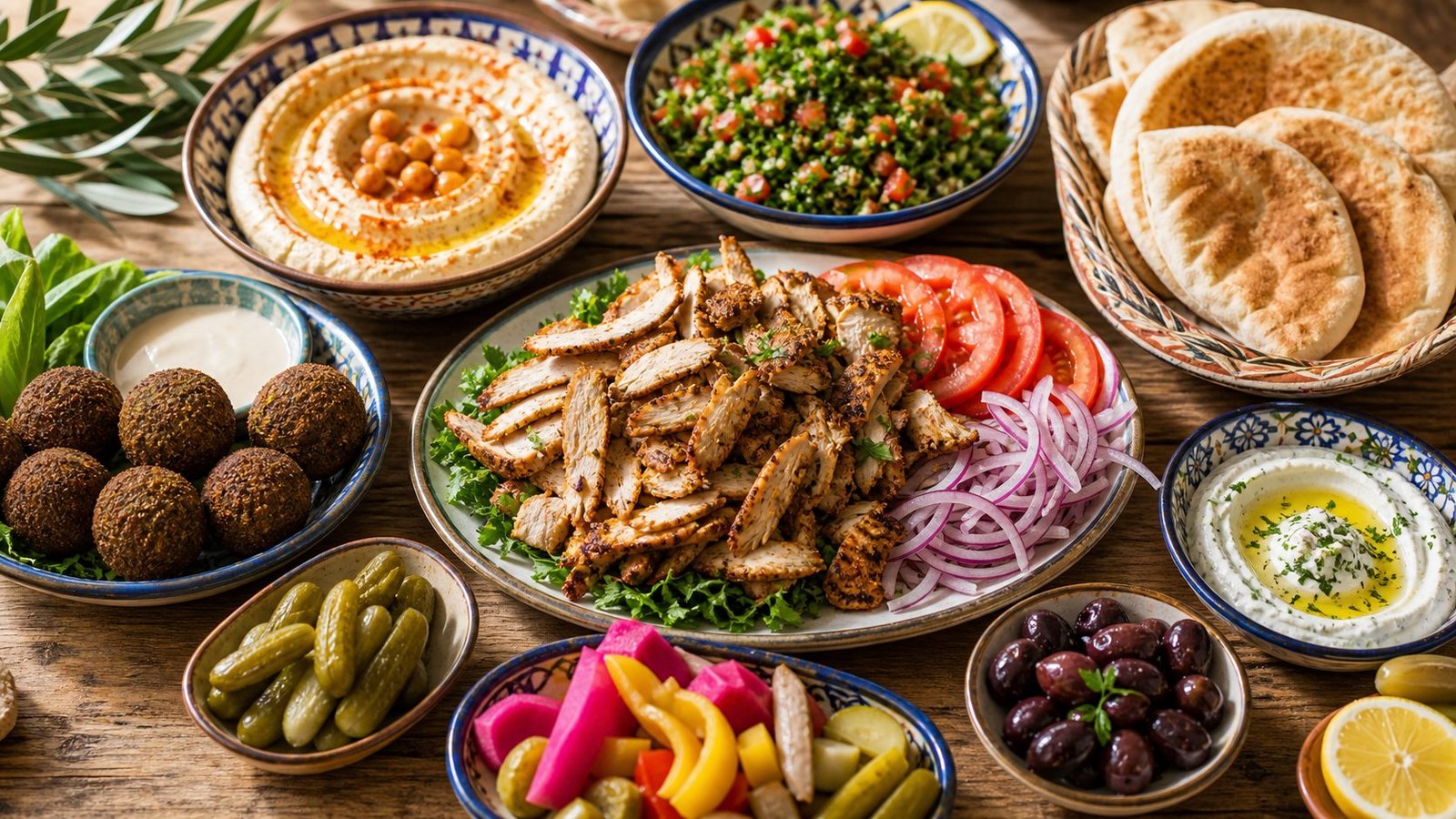 Lebanese mezze with hummus and shawarma