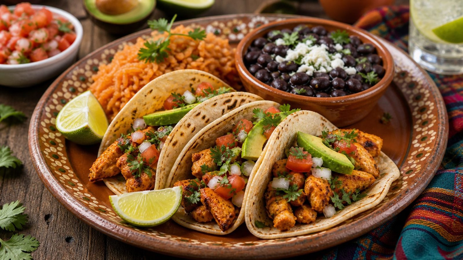 Mexican chicken tacos with rice and beans