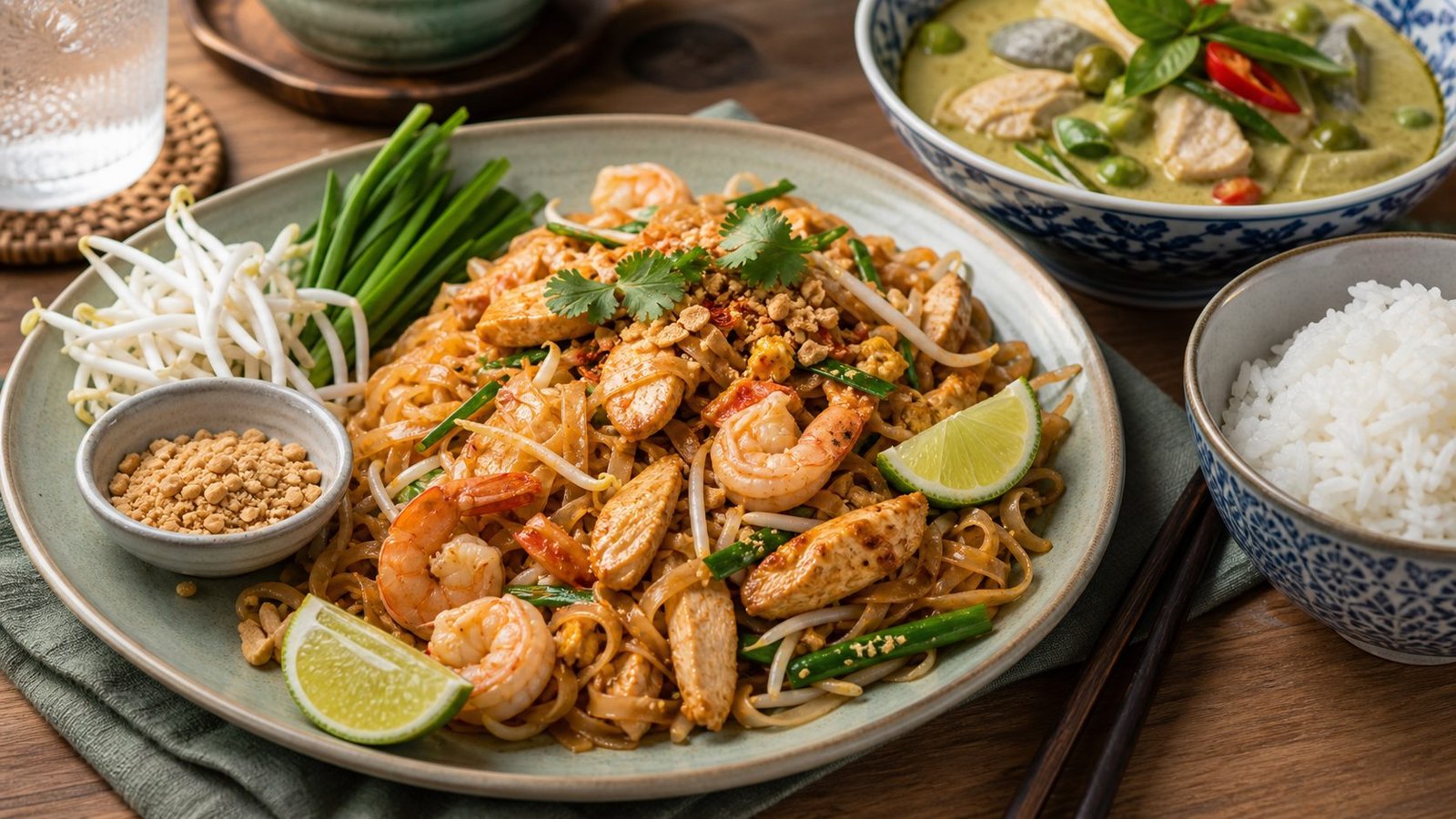 Thai pad thai with green curry and rice