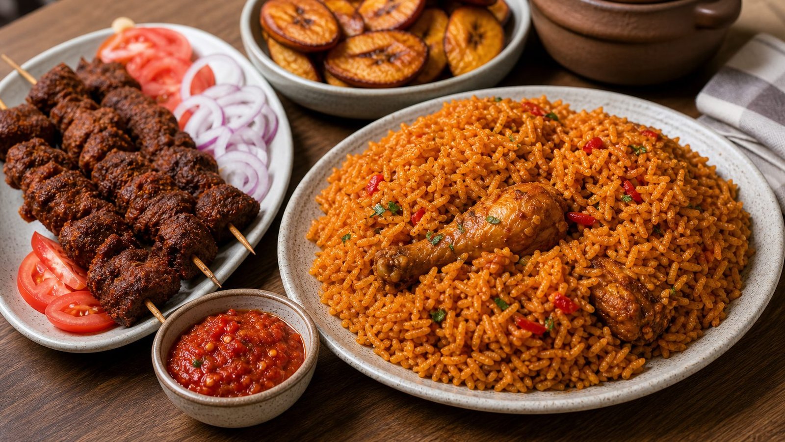 West African jollof rice with suya and plantain