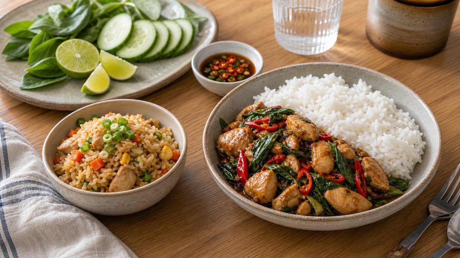 Thai basil chicken noodles curry and herbs