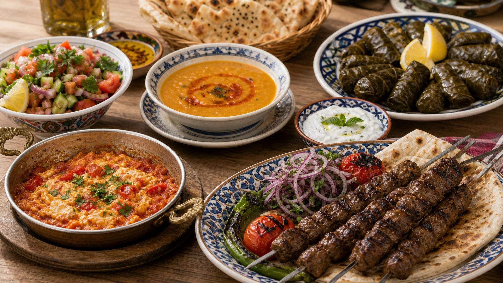 Turkish kebabs menemen lentil soup dolma and flatbread