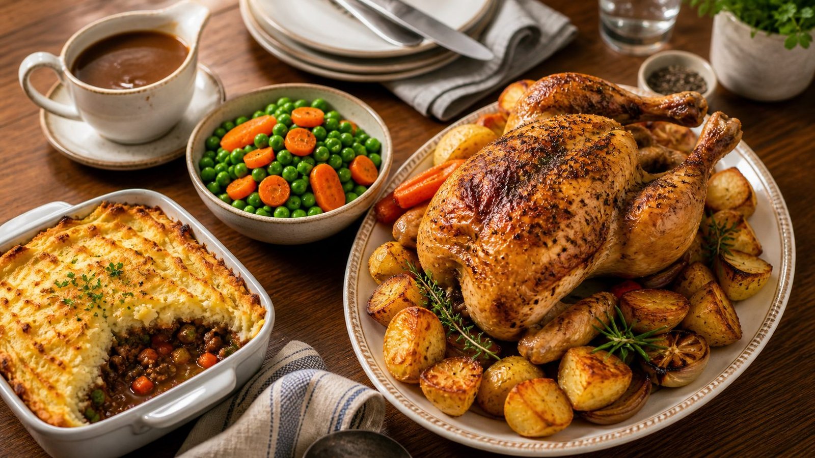 UK roast chicken dinner with potatoes and vegetables