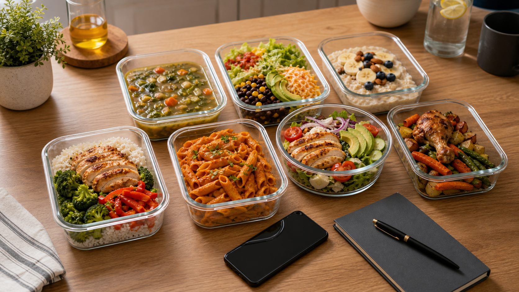 Seven varied meal prep containers and a phone